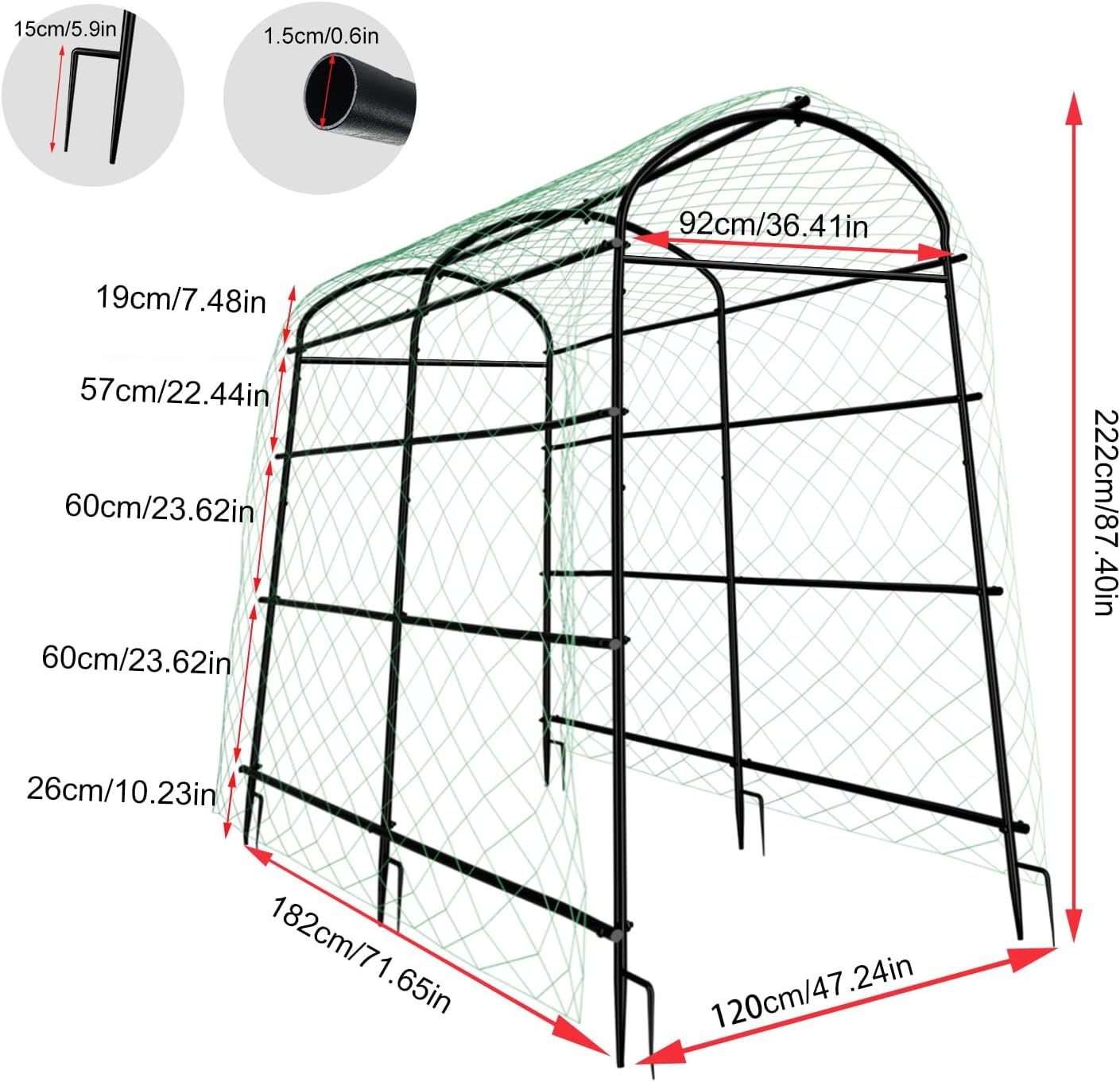 Klimrek – Klimboog – Tuinboog – Plantondersteuning – Klimframe – Hoogte 222 cm – Met Metalen Frame en Nylonneet