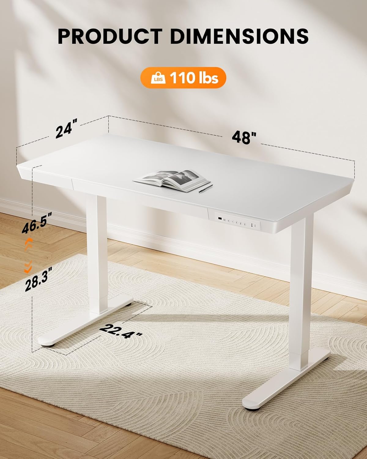 ErGear Electric Standing Desk, 120x60cm Glass Height Adjustable Standing Desk with Drawer and 2 Charging Ports, 3 Memory Stand Desk for Home Office (Glass White Top + White Frame) - QUORE