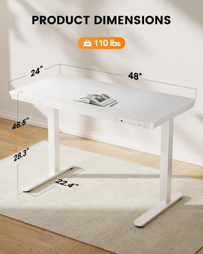 ErGear Electric Standing Desk, 120x60cm Glass Height Adjustable Standing Desk with Drawer and 2 Charging Ports, 3 Memory Stand Desk for Home Office (Glass White Top + White Frame) - QUORE