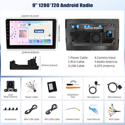 Android 15 Autoradio – Multimedia Systeem – Navigatie Radio – Draadloze CarPlay – Bluetooth Autoradio – 9 Inch Touchscreen – 8-Core Processor Met 6+128GB Geheugen