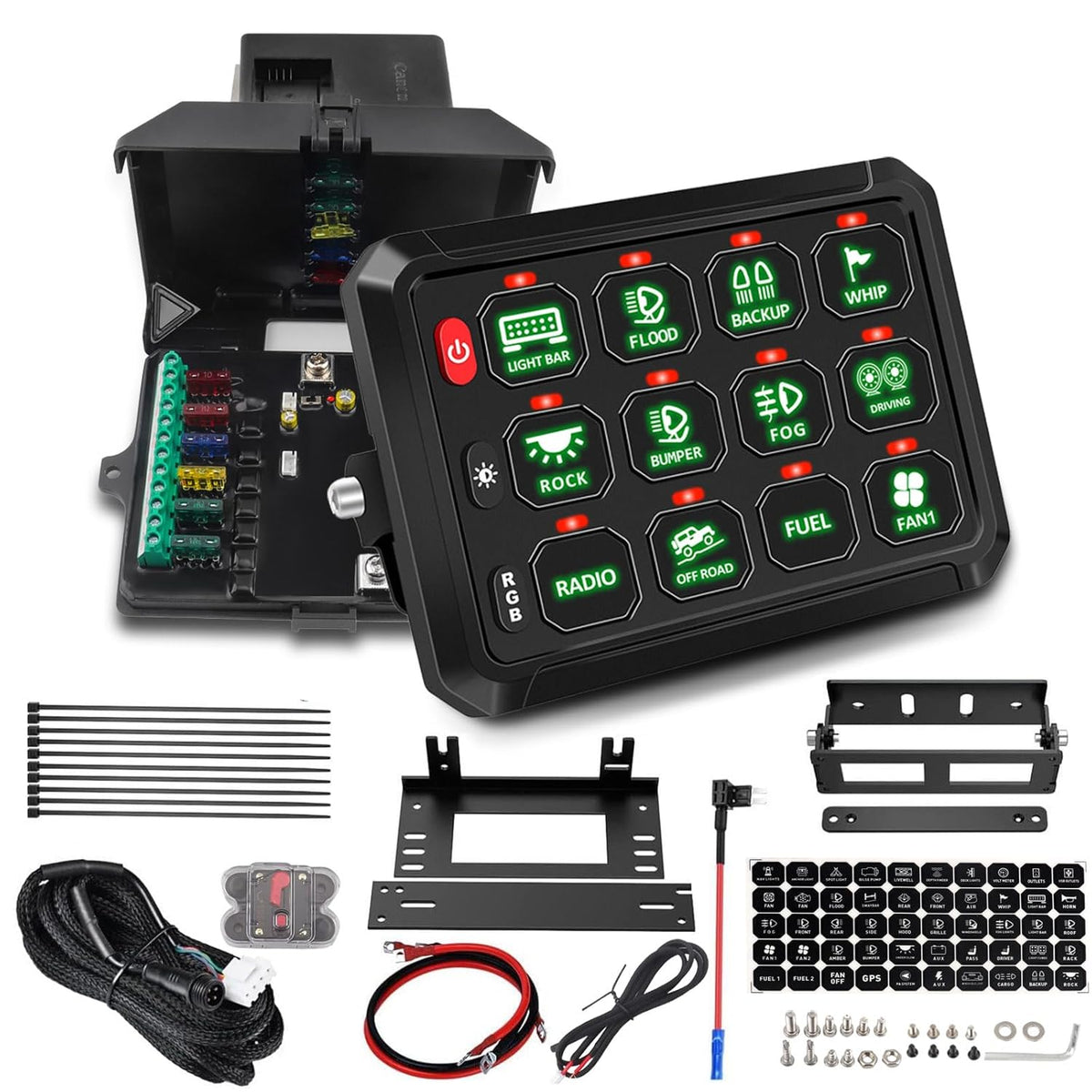 Chelhead 12v/24v 12 Gang Schakelaar Bedieningspaneel Universeel Circuit Control Relaissysteem Touch Schakelaar Doos RGB Aan-Off LED Panel IP65 Waterdicht Compatibel met Auto Truck RV ATV UTV SUV