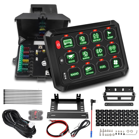 Chelhead 12v/24v 12 Gang Schakelaar Bedieningspaneel Universeel Circuit Control Relaissysteem Touch Schakelaar Doos RGB Aan-Off LED Panel IP65 Waterdicht Compatibel met Auto Truck RV ATV UTV SUV