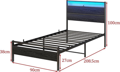 Bedframe van hout en metaal met laadstation en led, 90 x 200 cm, eenpersoonsbed met hoofdeinde en lattenbodem, functioneel