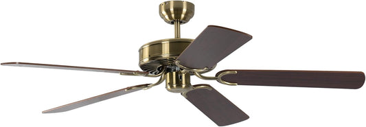 Potkuri Plafondventilator zonder verlichting, behuizing antiek messing, omkeerbare vleugels mahonie of mahonie met rotan inzetstuk, 132 cm, voor ruimtes tot 25 m²