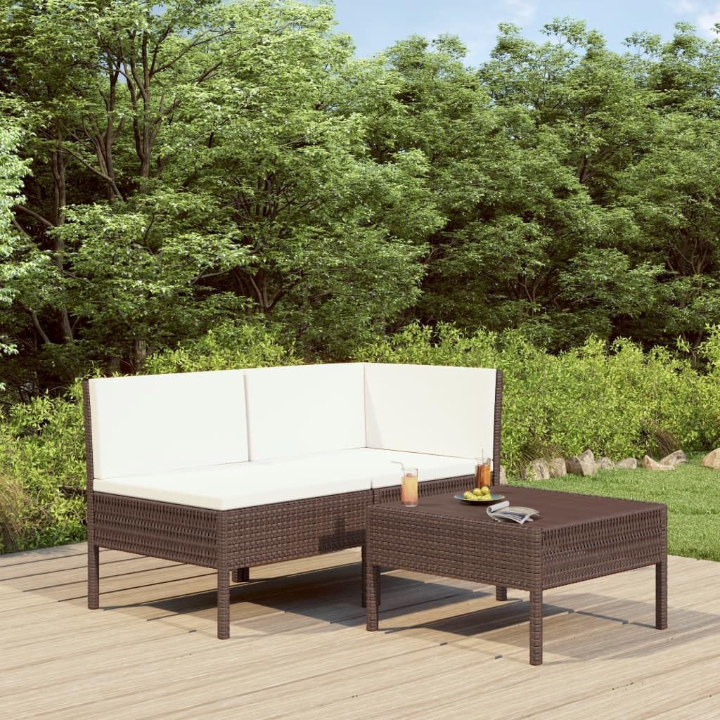 vidaXL Lounge Set 3-Piece with Cushions Garden Set Furniture Set Garden Garden Furniture Set Chair Table Lounge Furniture Outdoor Set Balcony Set Poly Rattan Brown - QUORE