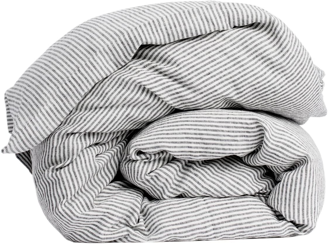 My Linen Home Dekbed van gewassen linnen (100% steenwashed), 150 x 200 cm, hypoallergene strepen, thermoregulatie en ademend vermogen, machinewasbaar