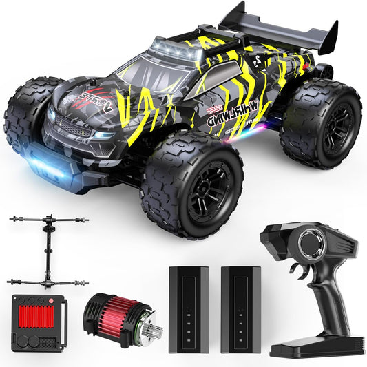 DEERC 1:14 Brushless RC Car for Adults, 43MPH 4WD Off-Road RC Truck with 7-Color LED Lights, Metal Oil Shock Absorbers, 2×7.4V High Capacity Batteries, Full Metal - QUORE