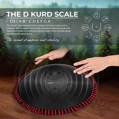MOOZICA Tongtrommel, 35,5 cm, 17 noten in D-Moll, stalen handpan, tongtrommel met octaaf-boventoon-design, slaginstrument met draagtas (D Kurd, zwart)