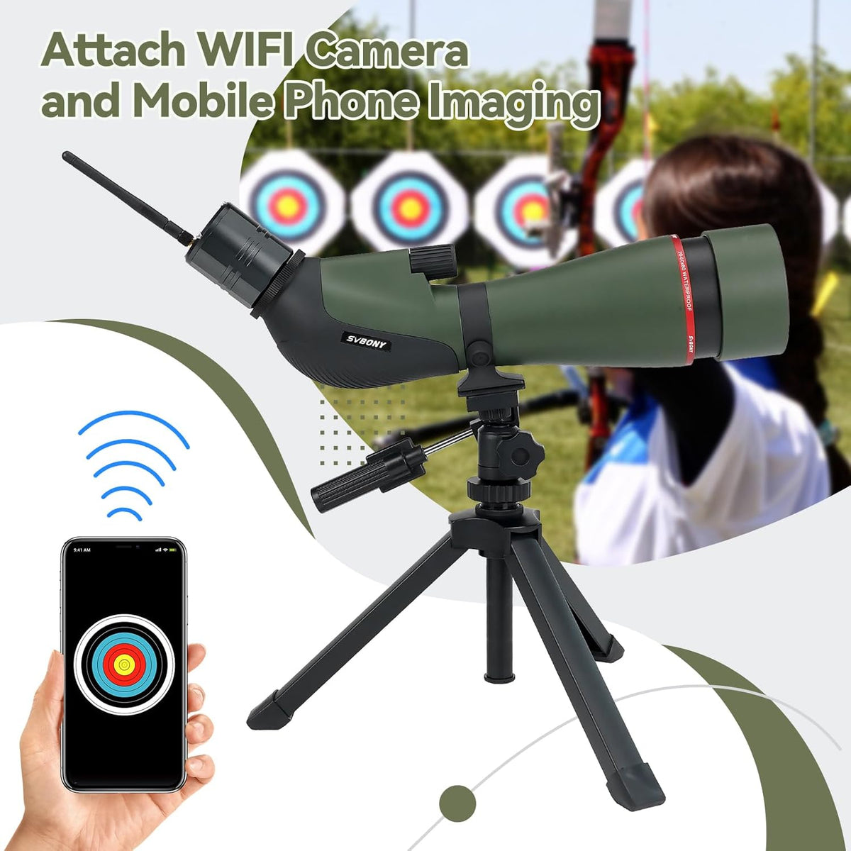 Svbony SA412 20-60x80 Spotting Scopes met WIFI-Camera, HD-Spotting Scope met Desktop Statief, Schuine Lange Afstand Spotter Scope, FMC Waterdichte Mistbestendige Spotting Scope voor Doelschieten