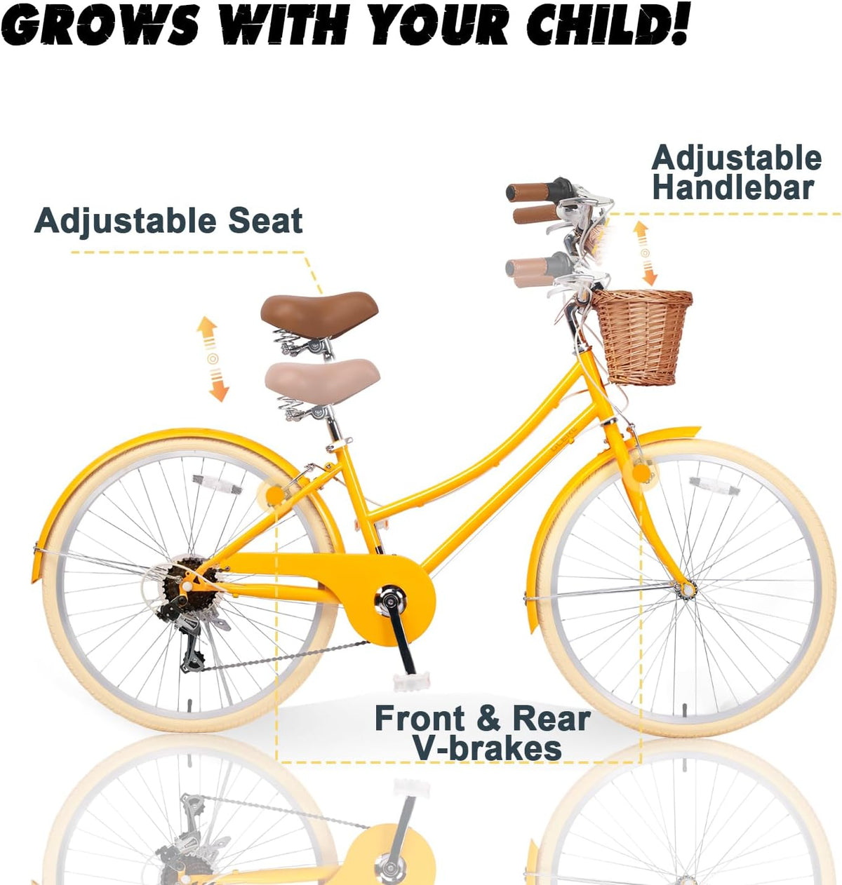 Glerc Missy Cruiserfiets, hybride stadsfiets met 6 Shimano-versnellingen, voor jeugd vanaf 6 jaar, 20, 24 en 26 inch wielen, met rieten mand, lichtgewicht, meerdere kleuren