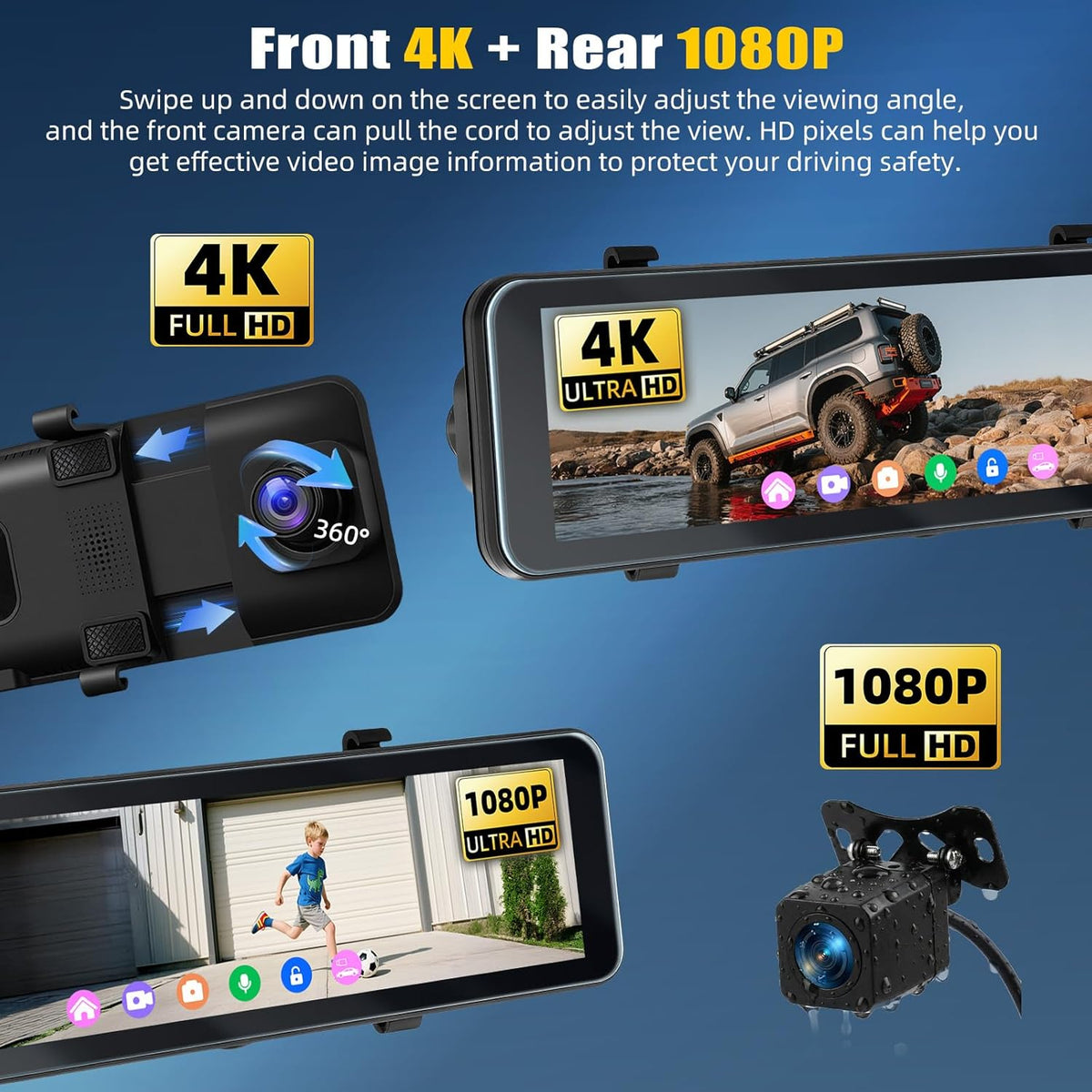 Spiegel Dashcam met Achteruitrijcamera – Dashcam, Autocamera, Spiegelcamera, Rijcamera – 10,88 Inch IPS-Touchscreen – 4K Voorcamera En 1080p Achtercamera