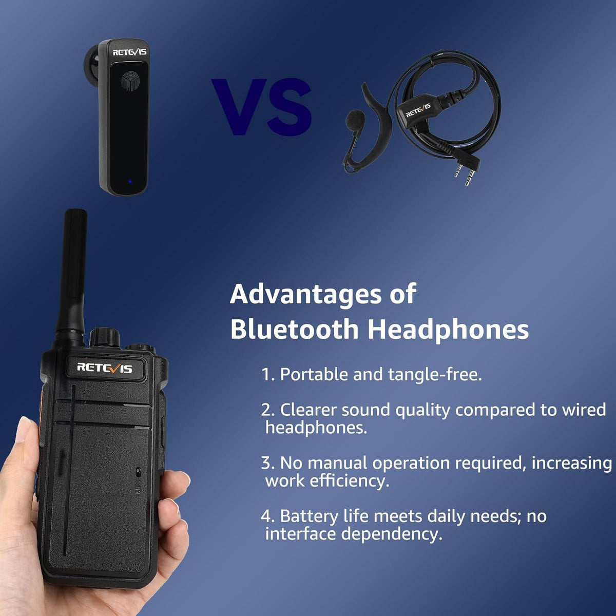 Retevis RB637 Bluetooth Walkie Talkies Oplaadbaar, PMR446 Professionele 2-weg radio met draadloze headset, 2000mAh, VOX, draadloze kloon twee-weg radio's (zwart, 4 stuks)