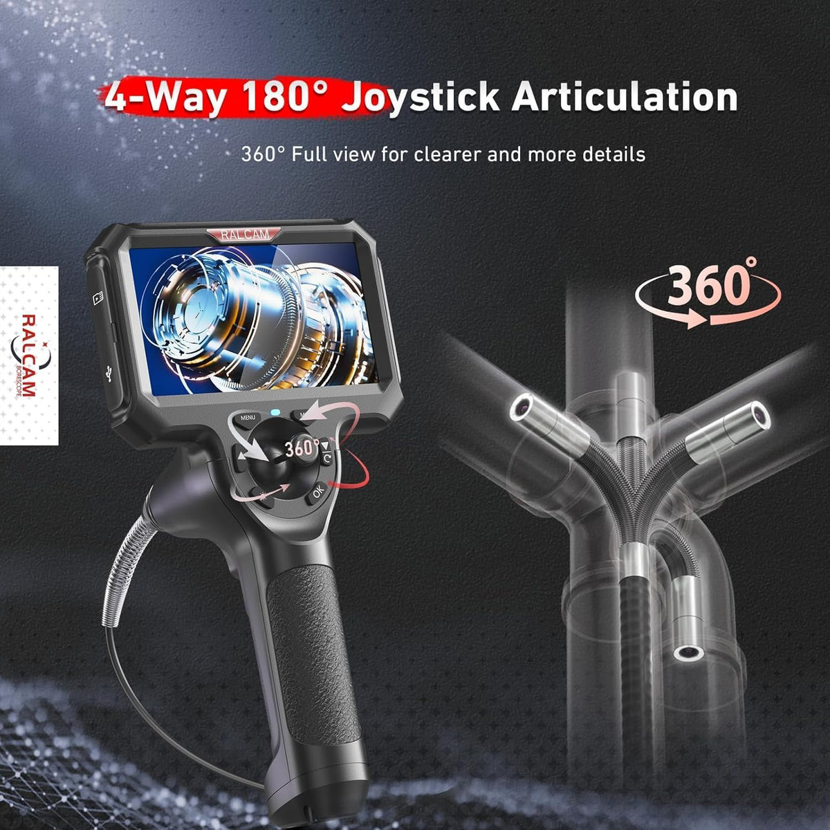 Ralcam endoscoopcamera 6,2 mm endoscoopcamera - 360° inspectiecamera met licht 5,0" HD 1280x720 pijpcamera, camera's met 6 LED's, IP67 waterdichte 1,5 m semi-rigide pijpcamera telescopische camera