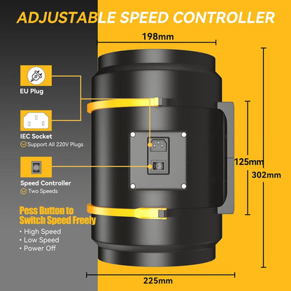 FanGoFast Rookafzuiging, buisventilator, 200 mm, inline-kanaalventilator, afvoerventilator, 230 V, stil, met IEC-stopcontact, EU-stekker + 1,5 m EU-netsnoer voor badkamer, kantoor, groeiruimtes
