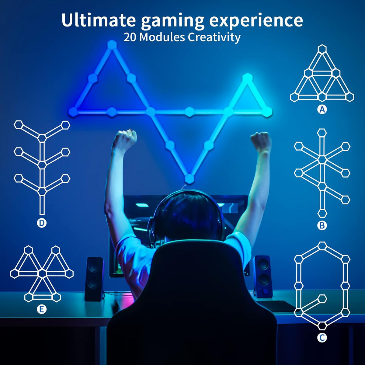 Aogled Wandlampen Hexagon LED-stripverlichting Smart Wi-Fi RGB-lichtpanelen met doe-het-zelfdecoratie, audiosynchronisatie, sfeerdetectie,voor woonkamer, e-sportruimte, 9+9 LED-panelen