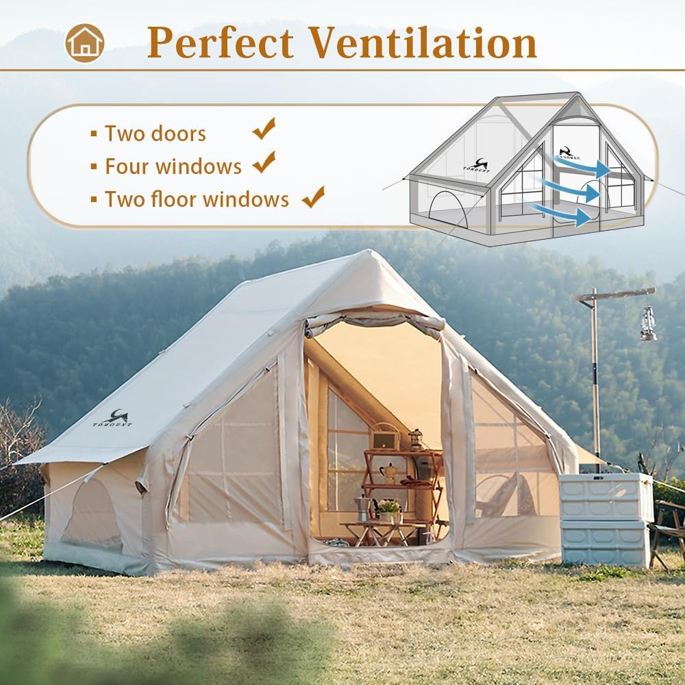 TOMOUNT Opblaasbare tent, 300D waterdicht polyester, familietent voor 4 personen, eenvoudig op te zetten, glampingtent met opbergtas en luchtpomp, campingtent voor outdoor, camping, wandelen, festival