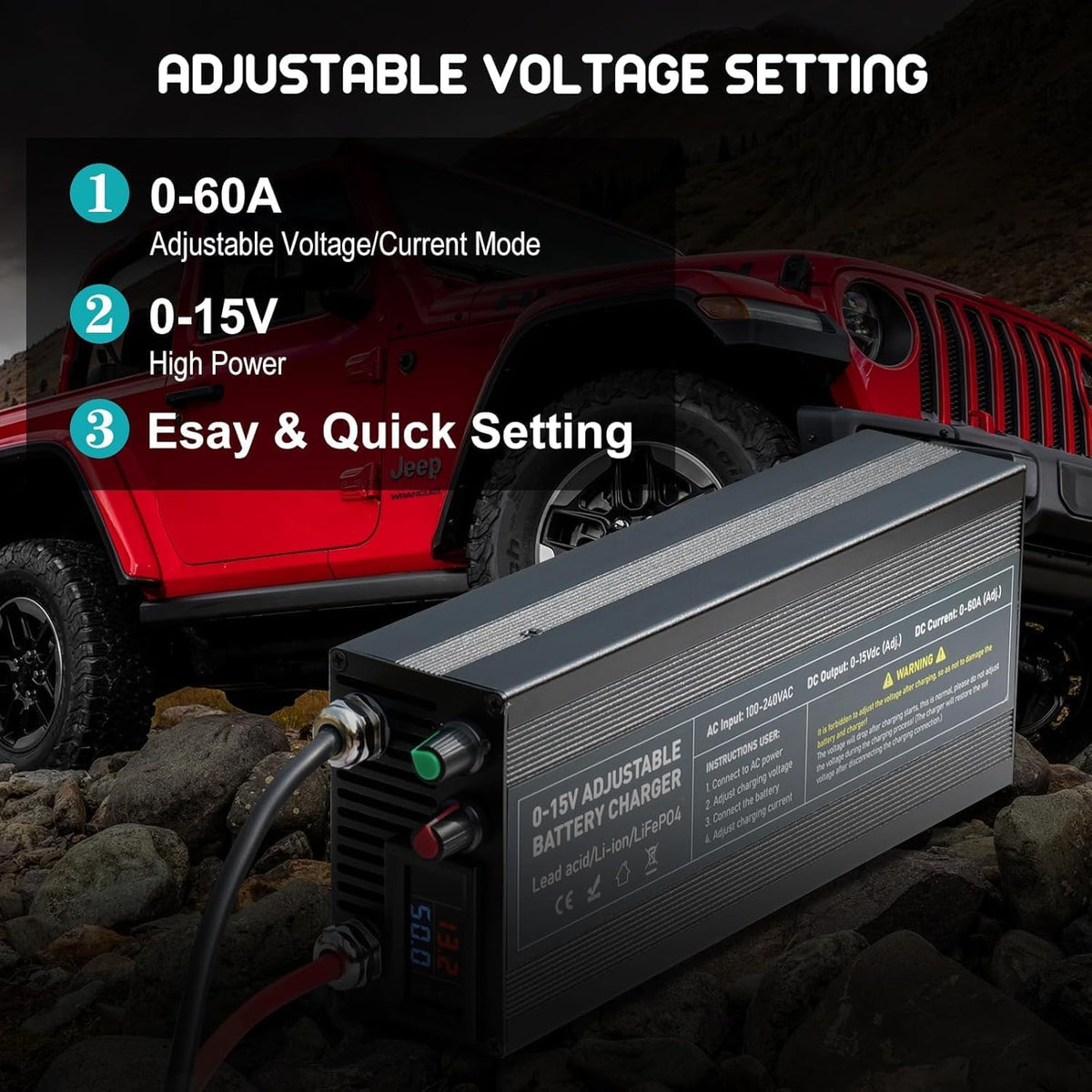 14,6V 60A LiFePO4 Acculader – Batterijlader – Accu Lader – Lithium Batterijlader – Snel Oplader – Instelbaar 0-15V/0-60A – Veilig Met Aluminium Behuizing – LCD Display Met Laadstatus