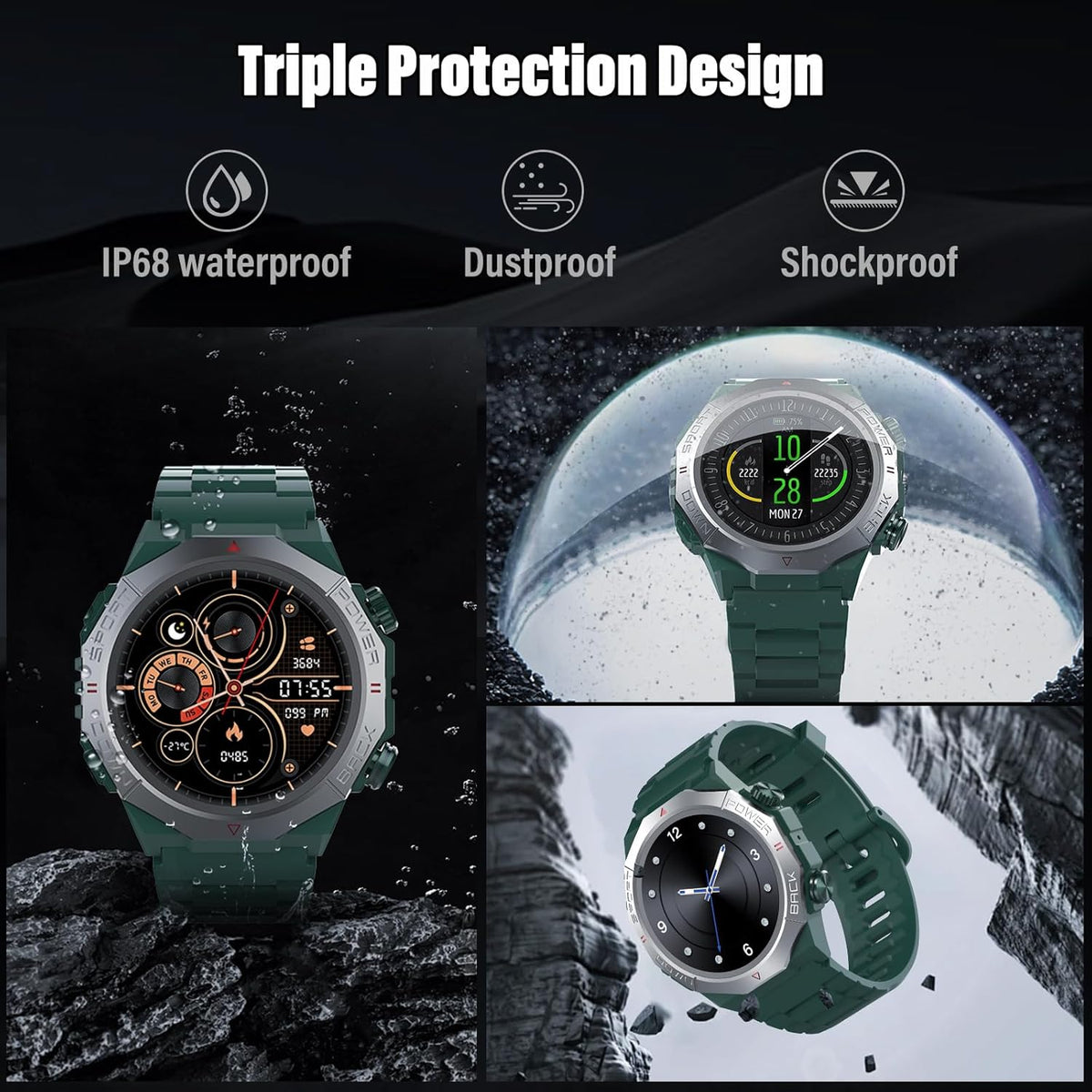 Militaire smartwatch voor heren en dames, smartwatch met telefoonfunctie, 1,39 inch touchscreen, hartslagmonitor, slaapmonitor, IP68 waterdicht, sporthorloge, 110+ sportmodi, fitnesshorloge voor iOS