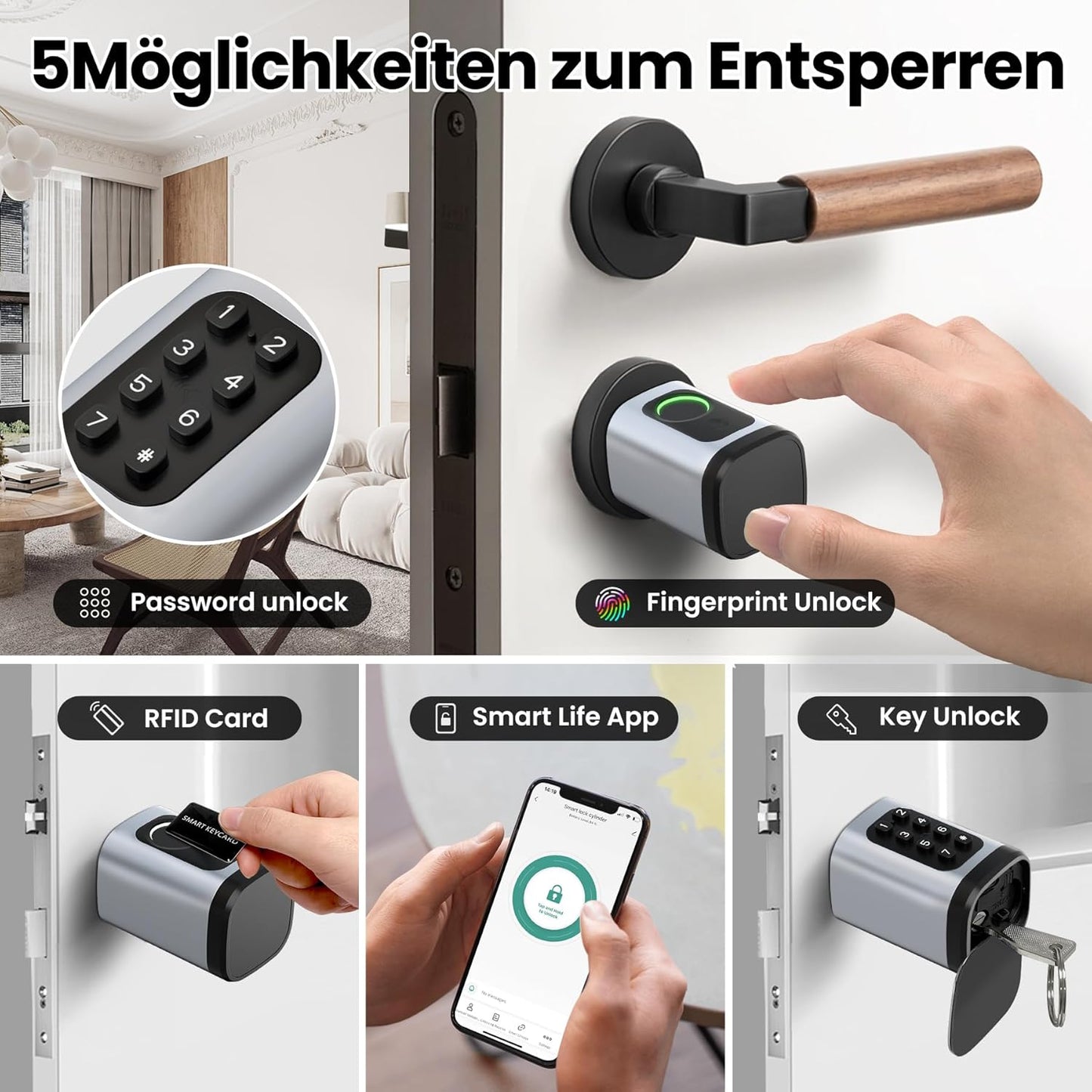 AVATTO Smart deurslot met vingerafdruk en wachtwoord voor 60-90 mm deur, lengte van de sluitcilinder is instelbaar, met sleutel, IC-kaart, ondersteunt Smart Life App afstandsbediening