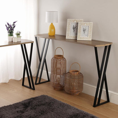 Versa Oakland Smalle hal of vestibule Entree hal meubilair, Console Tafel, Set van 2, Afmetingen (H x B x H) 75 x 30 x 120 cm, Hout en metaal, Kleur Bruin en zwart