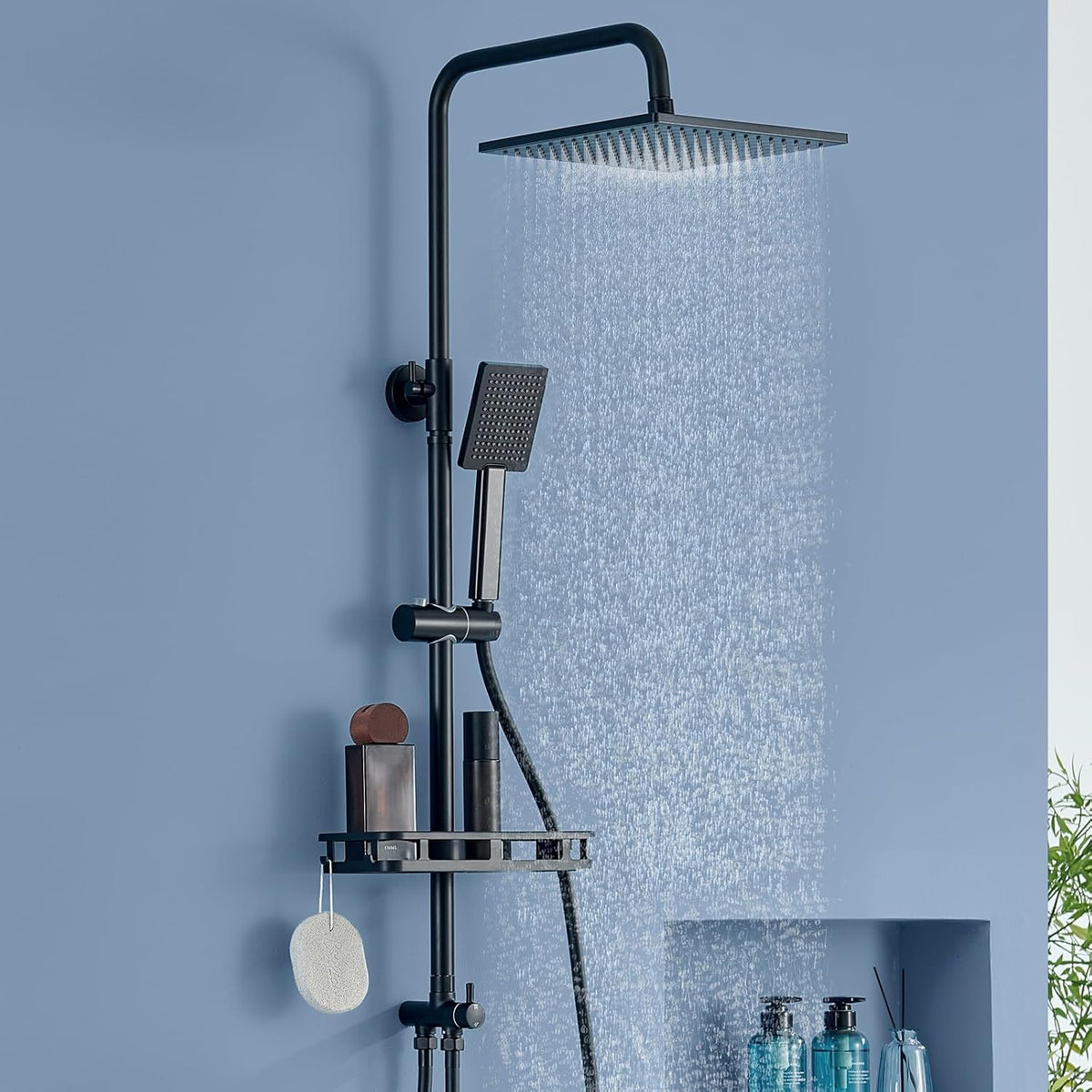 Regendouchesysteem – Douche Set – Hoofddouche – Handdouche – Doucheset Zwart – RVS Doucherail – Messing Waterverdeler – Boorvrij Opbergrek – 250x250 mm Overhead Douchekop