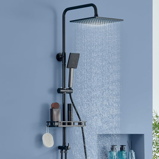 Regendouchesysteem – Douche Set – Hoofddouche – Handdouche – Doucheset Zwart – RVS Doucherail – Messing Waterverdeler – Boorvrij Opbergrek – 250x250 mm Overhead Douchekop