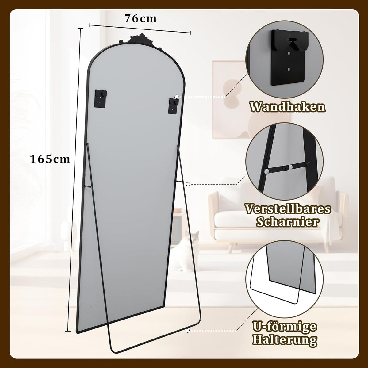Koonmi Vintage gebogen staande spiegel, full-body spiegel, 76 x 165 cm, onbreekbare staande spiegel in volledige lengte met mooi retro-gravureproces voor slaapkamer hal, zwart