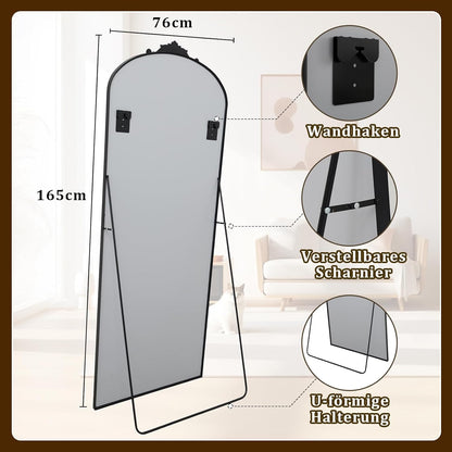 Koonmi Vintage gebogen staande spiegel, full-body spiegel, 76 x 165 cm, onbreekbare staande spiegel in volledige lengte met mooi retro-gravureproces voor slaapkamer hal, zwart