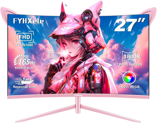 FY27FHP Roze 27 inch gebogen gamingmonitor 165Hz - VA-scherm 144Hz 1800R 1ms 1920x1080P, ingebouwde luidsprekers, AMD Free-Sync, HDMI, DP, USB, AUX, instelbare kanteling