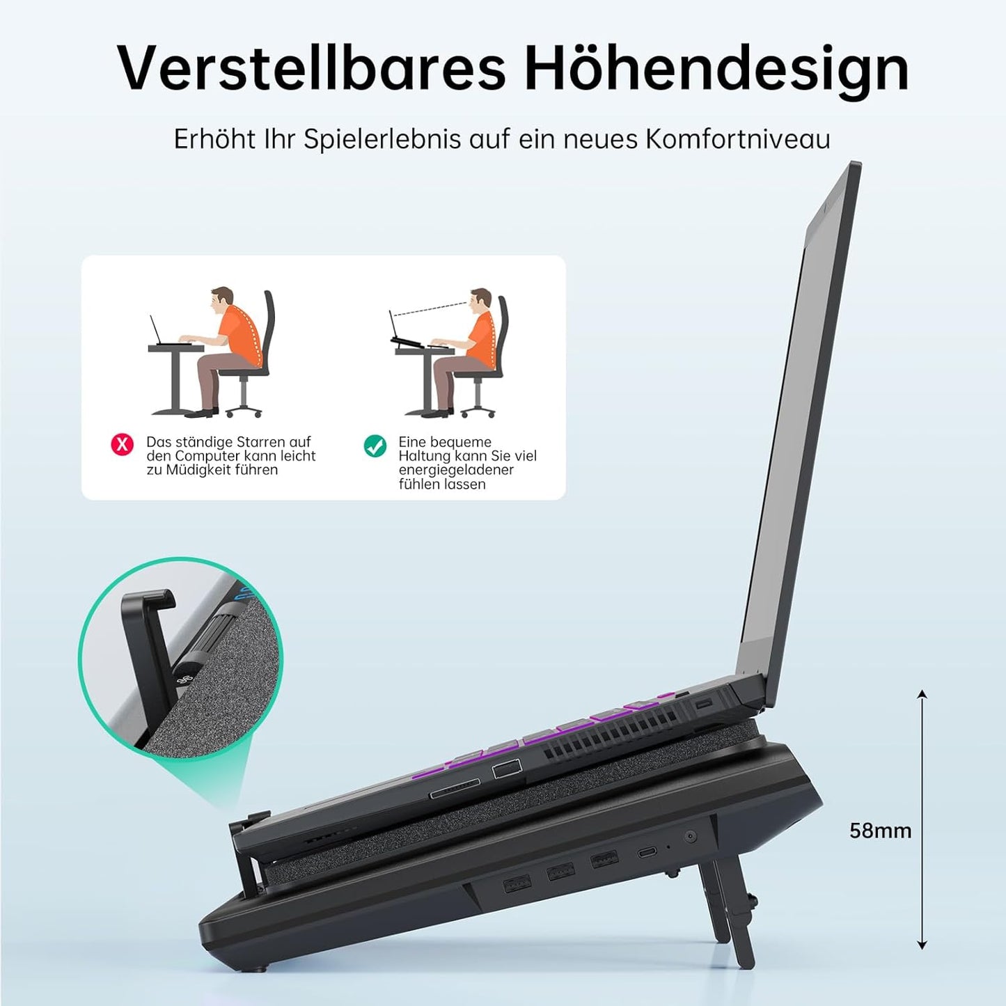 Laptop Koeler – Laptop Cooler – Laptop Koelpads – Notebook Koeler – Cooling Pad – 14 cm Ventilator – Touchbediening met LED-Display – 3 USB-Poorten – Verstelbare Hoogte – Geschikt voor 15-19 Inch Laptops