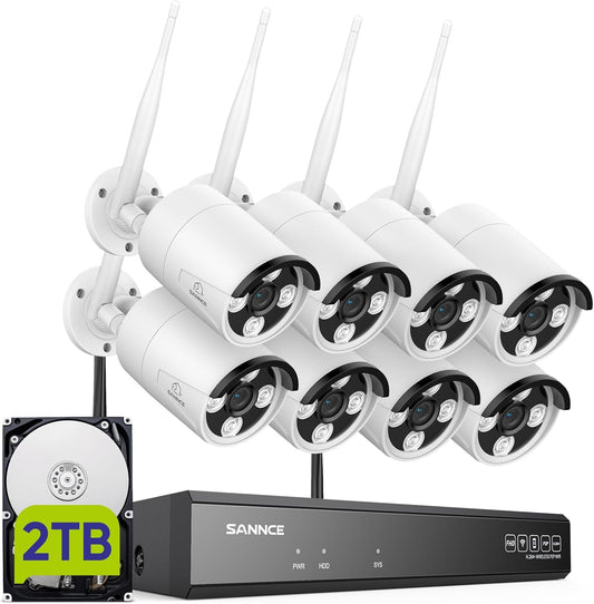 SANNCE 8CH 5MP Super HD draadloze camera beveiligingssysteem NVR WiFi H.264+ 8 WiFi 3MP Outdoor Surveillance Bewakingsdetectie Afstandstoegang via app HDD 2TB
