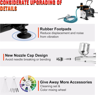VEVOR Professionele airbrush-compressor, complete airbrush-set, dubbel, airbrush-pistool, 0,2/0,3/0,8 mm, hoge doorstroming, koffer, decoratie, gebak, tattoo, nagels, make-up, schilderen