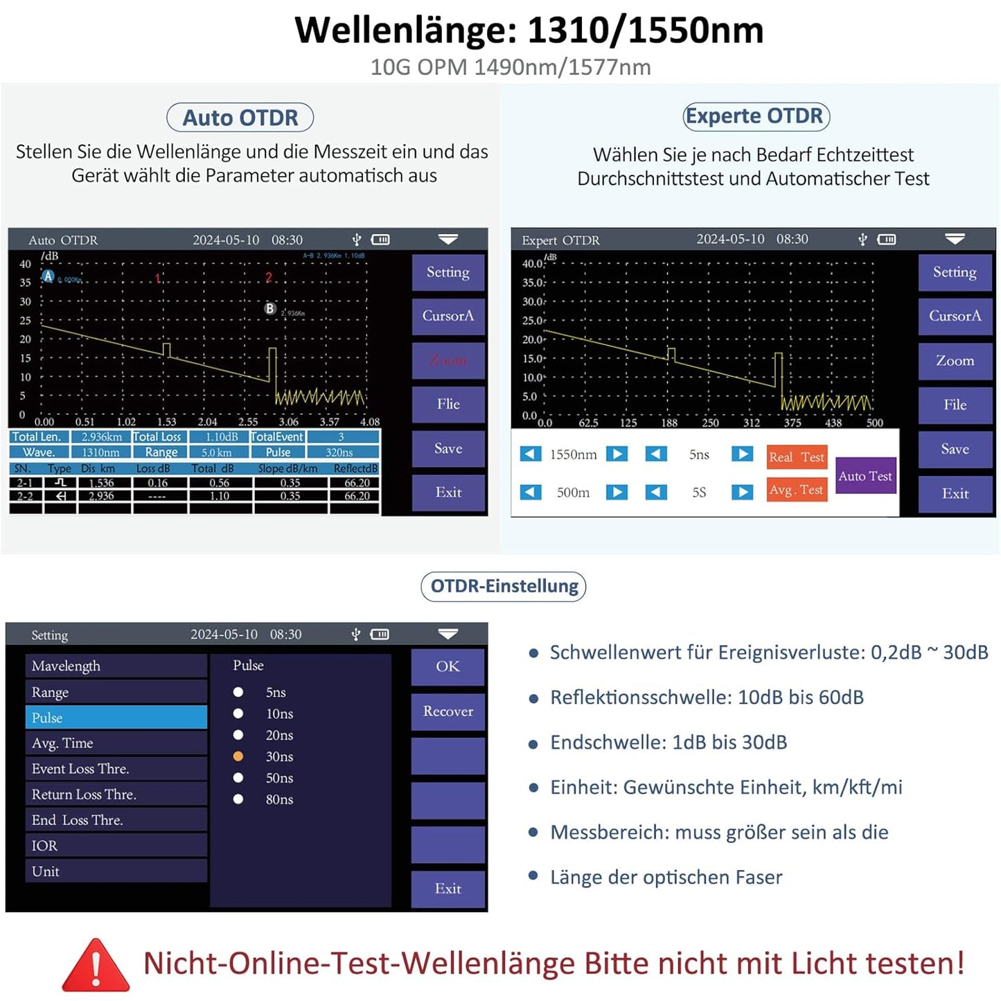 16-in-1 OTDR-glasvezeltester 1310/1550 nm, 11 cm touchscreen, OLT-evenementenkaart, geïntegreerde VFL OPM LS/OLS/RJ45-tester, RJ45-functies