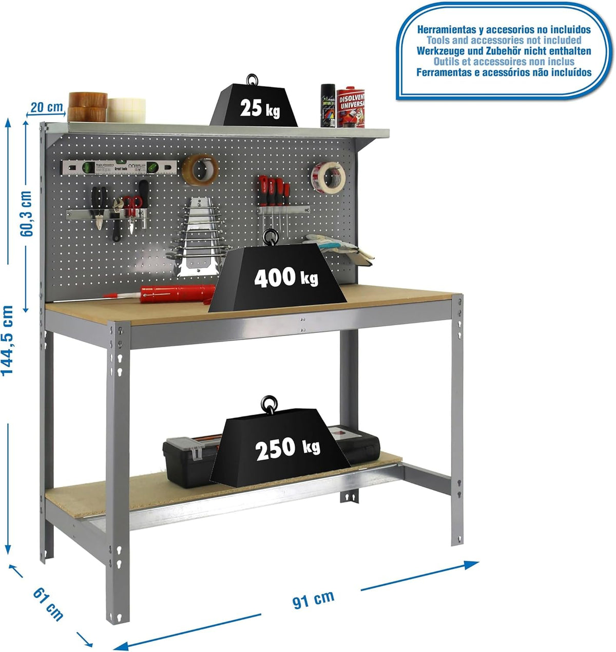 Simon Rack Sterke Werkbank met Bovenplank en Geperforeerd Paneel, 1445x910x610 mm, 400 kg Draagvermogen, Metalen Frame en Houten Werkblad, Compleet voor Werkplaats, Grijs/Hout – BT3