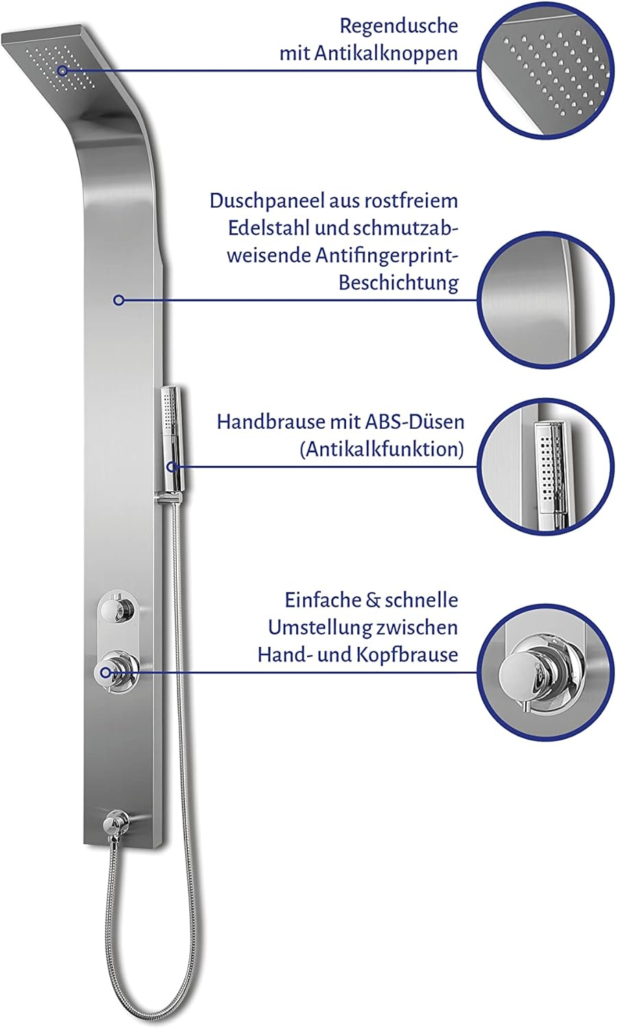 MARWELL Douchepaneel Care chroom 150 x 15 cm douchezuil van geborsteld roestvrij staal doucheset met 2 verschillende douchefuncties, regendouche en handdouche
