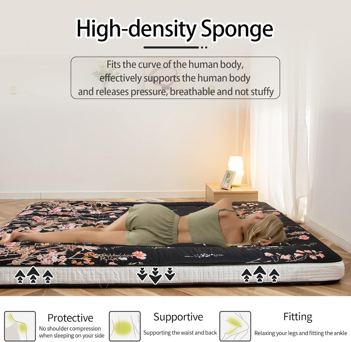MAXYOYO Futon-matras, gewatteerde Japanse vloermatras, gewatteerde bedmatrashouder, extra dik opvouwbaar slaapkussen, ademend vloerligbed voor campingbank (zwarte bloemen, enkel)