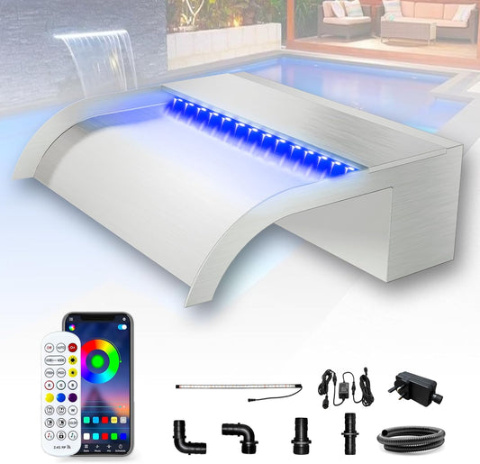 Longrun 30 cm vijverwaterval Blad Kit, 304 roestvrij staal gebogen waterval functie overloop, buitenzwembad fontein met 7 kleuren Bluetooth LED-verlichting en afstandsbediening, Breedte 25,5 cm