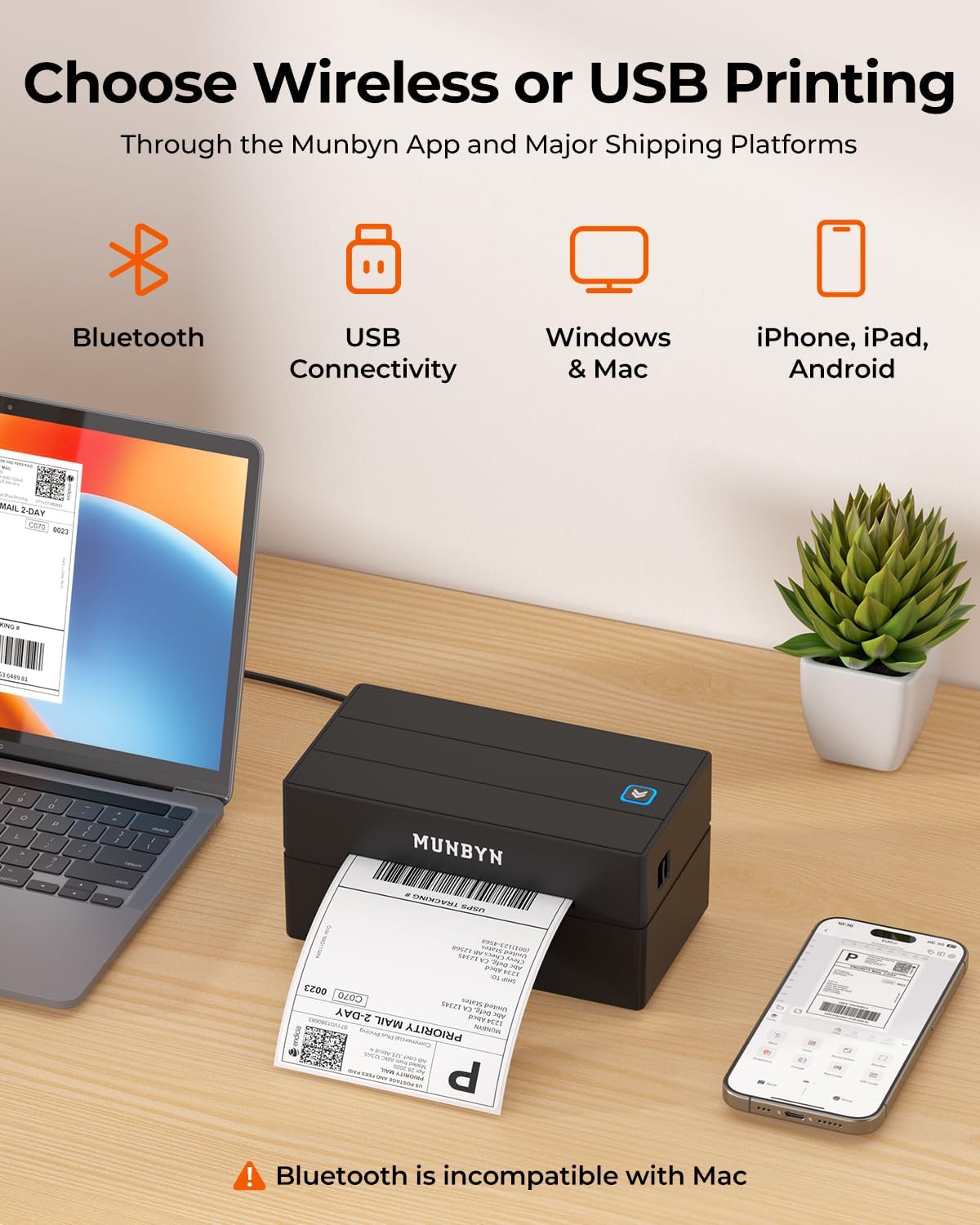MUNBYN Labelprinter Bluetooth 4x6, Thermische Labelprinter, Ideaal voor kleine bedrijven en thuisgebruik, Compatibel met iOS, Android, Windows, Chromebook, DHL en UPS, Zwart