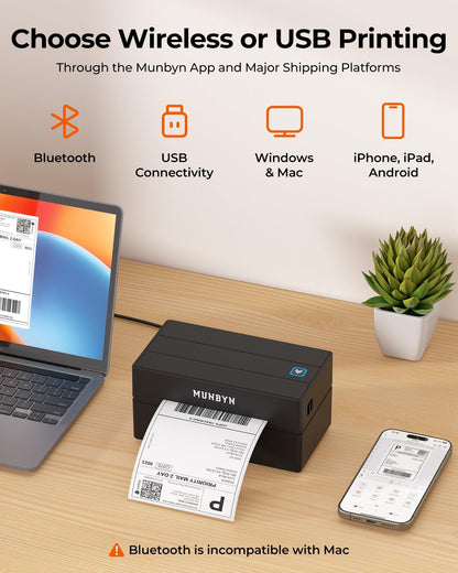 MUNBYN Labelprinter Bluetooth 4x6, Thermische Labelprinter, Ideaal voor kleine bedrijven en thuisgebruik, Compatibel met iOS, Android, Windows, Chromebook, DHL en UPS, Zwart