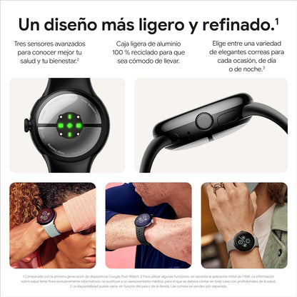 Google Pixel Watch 2 met Fitbit en Google – hartslagbewaking, stressmanagement en veiligheid, Android smartwatch, behuizing van mat aluminium, armband van obsidiaan, wifi