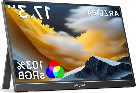 ARZOPA Portable Monitor 17.3" 1920×1080 FHD with Single Pole Support, IPS Monitor Screen with HDMI/Type-C/USB-C Connectors, Portable Eye Care Gaming Screen for Laptop/PC/Mac/PS6/Xbox - QUORE