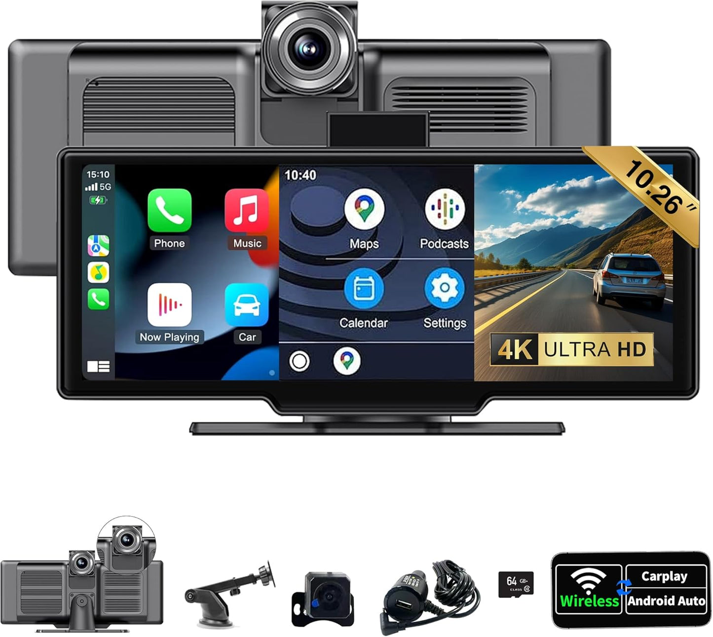 SCUMAXCON Carplay IPS-touchscreen, 10,26 inch, draadloos, Android Auto Airplay 4K, achteruitrijcamera, 1080p, GPS, navigatie, bluetooth, FM middenconsole, mediaspeler, geïntegreerde luidspreker