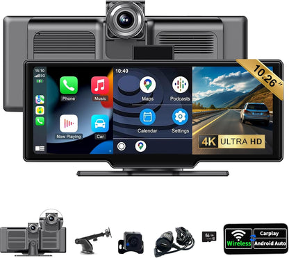 SCUMAXCON Carplay IPS-touchscreen, 10,26 inch, draadloos, Android Auto Airplay 4K, achteruitrijcamera, 1080p, GPS, navigatie, bluetooth, FM middenconsole, mediaspeler, geïntegreerde luidspreker