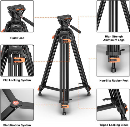 Statief Camera 186 Cm – Camerastatief – Fotostatief – Videostatief – Driepootstatief – 360° Draaibaar & +90°/-75° Kantelbaar – 10 Kg Draagvermogen