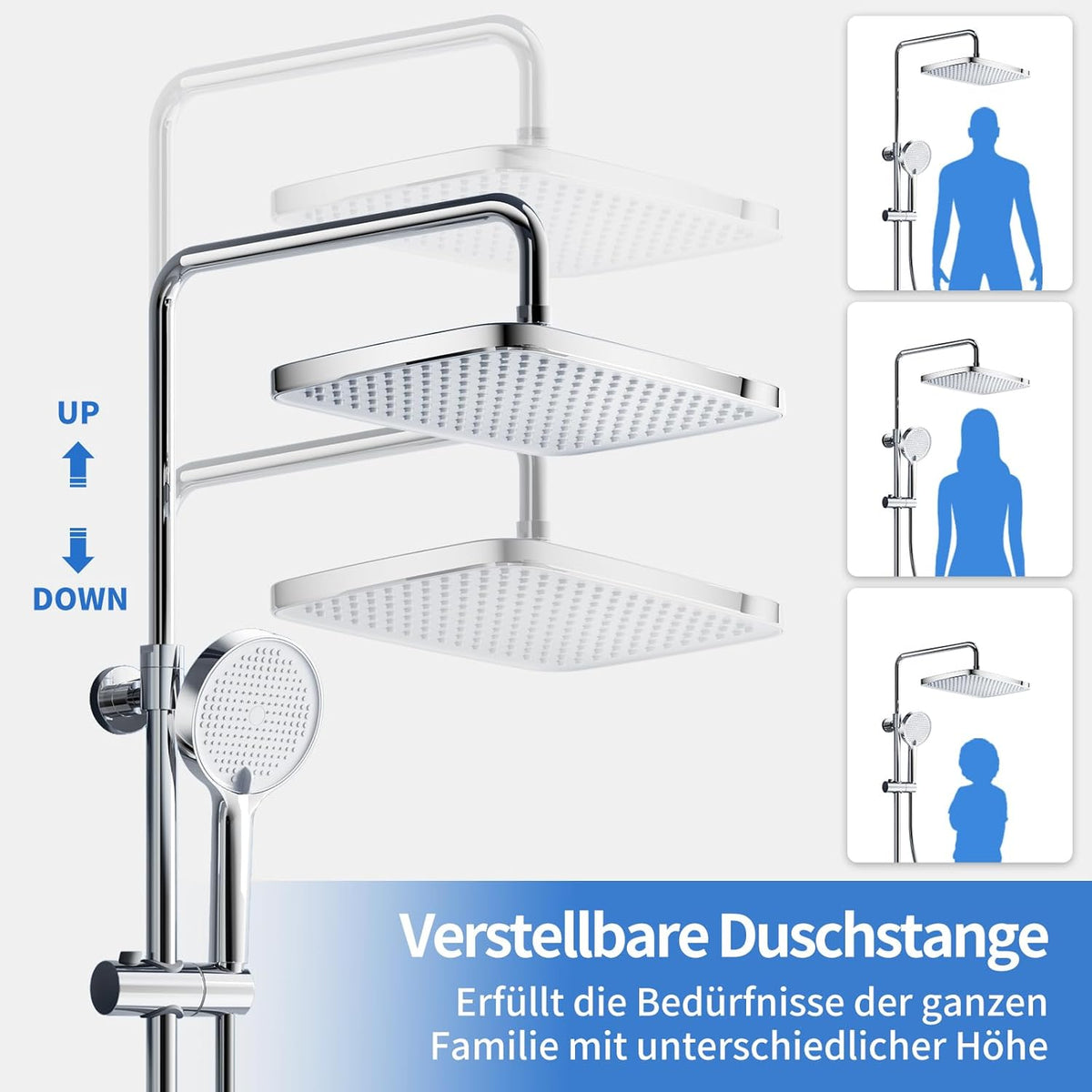Thermostatisch Douchesysteem – Douche Set – Regendouche – Handdouche – Doucherail – Complete Set Chroom – 38°C Thermostaat – XL Regendouche 30x20 cm