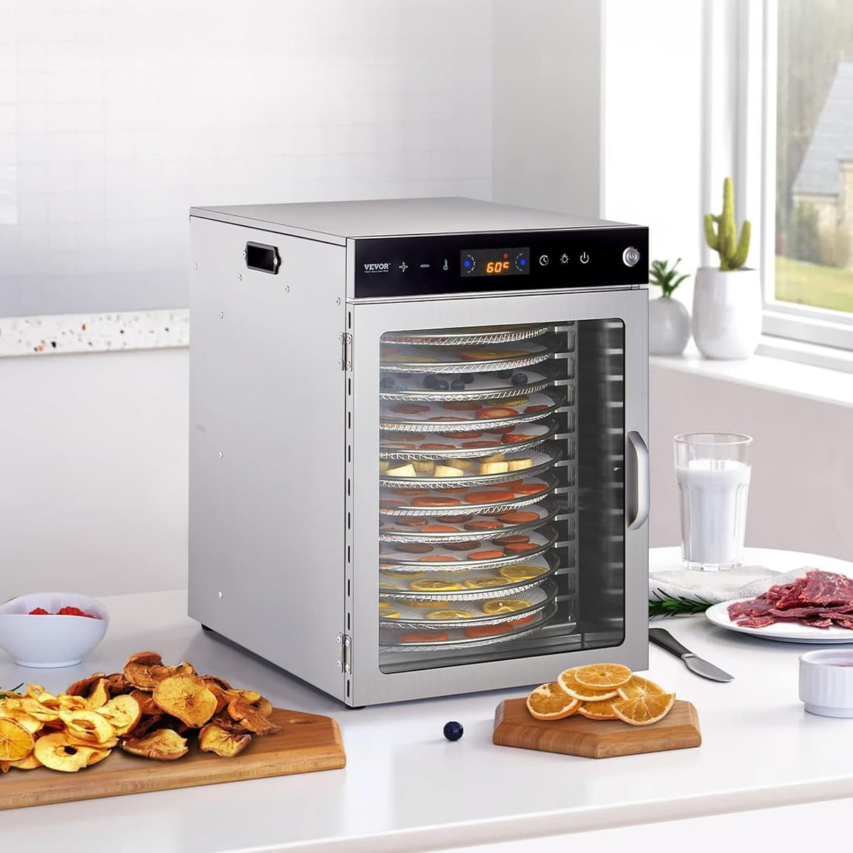 VEVOR Voedseldroger, 12 schalen van roestvrij staal, 800 W, met instelbare temperatuur en 24-uurs timer voor droog, fruit, groenten, kruiden