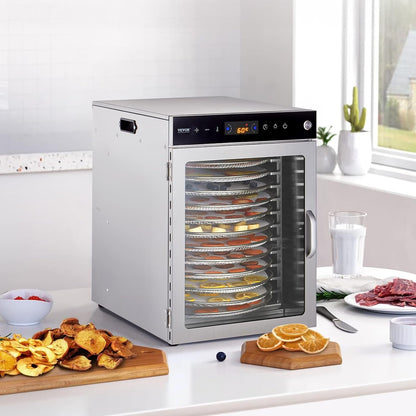 VEVOR Voedseldroger, 12 schalen van roestvrij staal, 800 W, met instelbare temperatuur en 24-uurs timer voor droog, fruit, groenten, kruiden