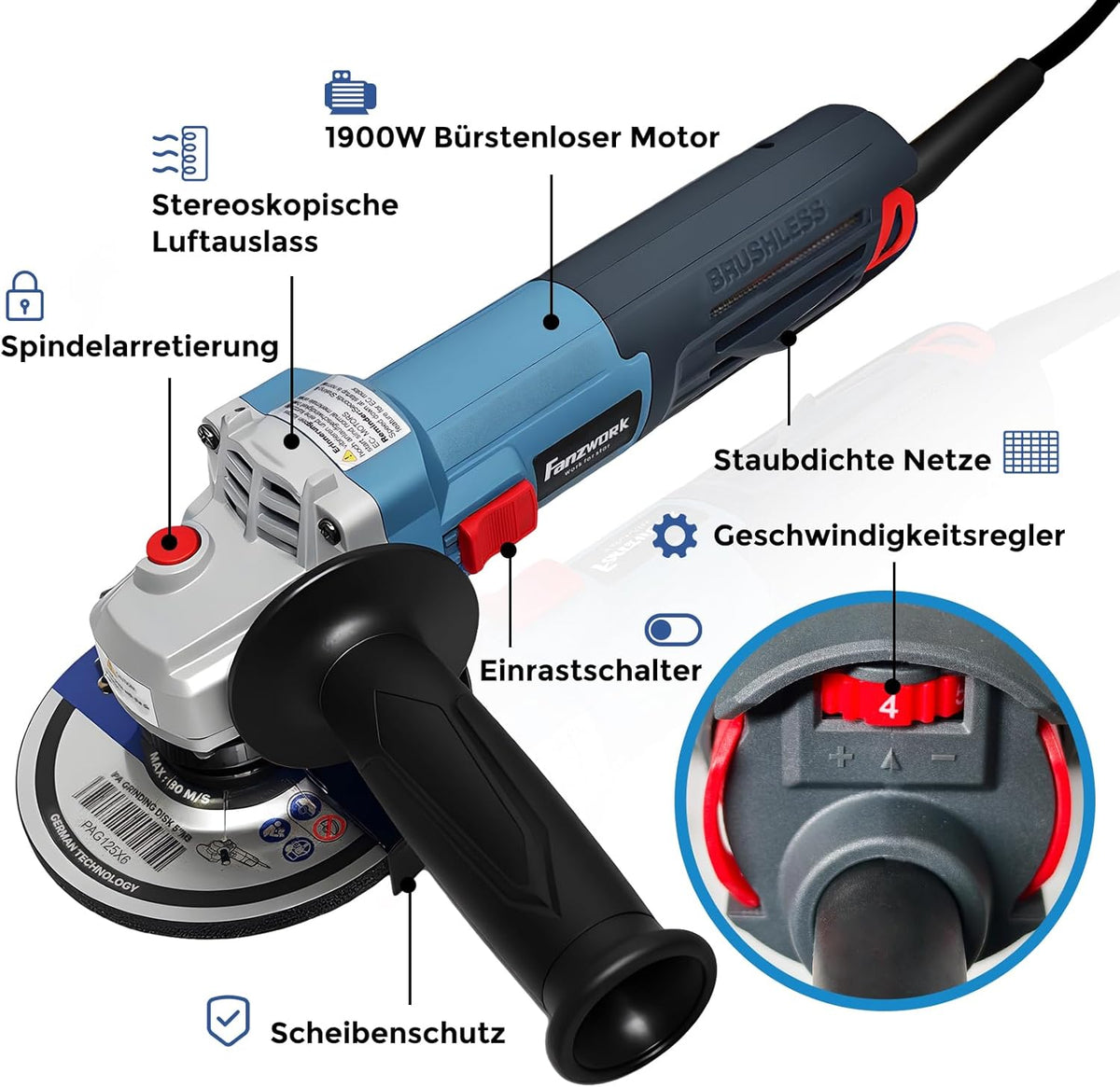 Haakse Slijper – Slijptol – Slijpmachine – Betonslijper – Doorslijper – 125 Mm – Borstelloze EC-Motor 1500 W – 6-Traps Instelbaar Toerental 3000-10.000 Omw/Min