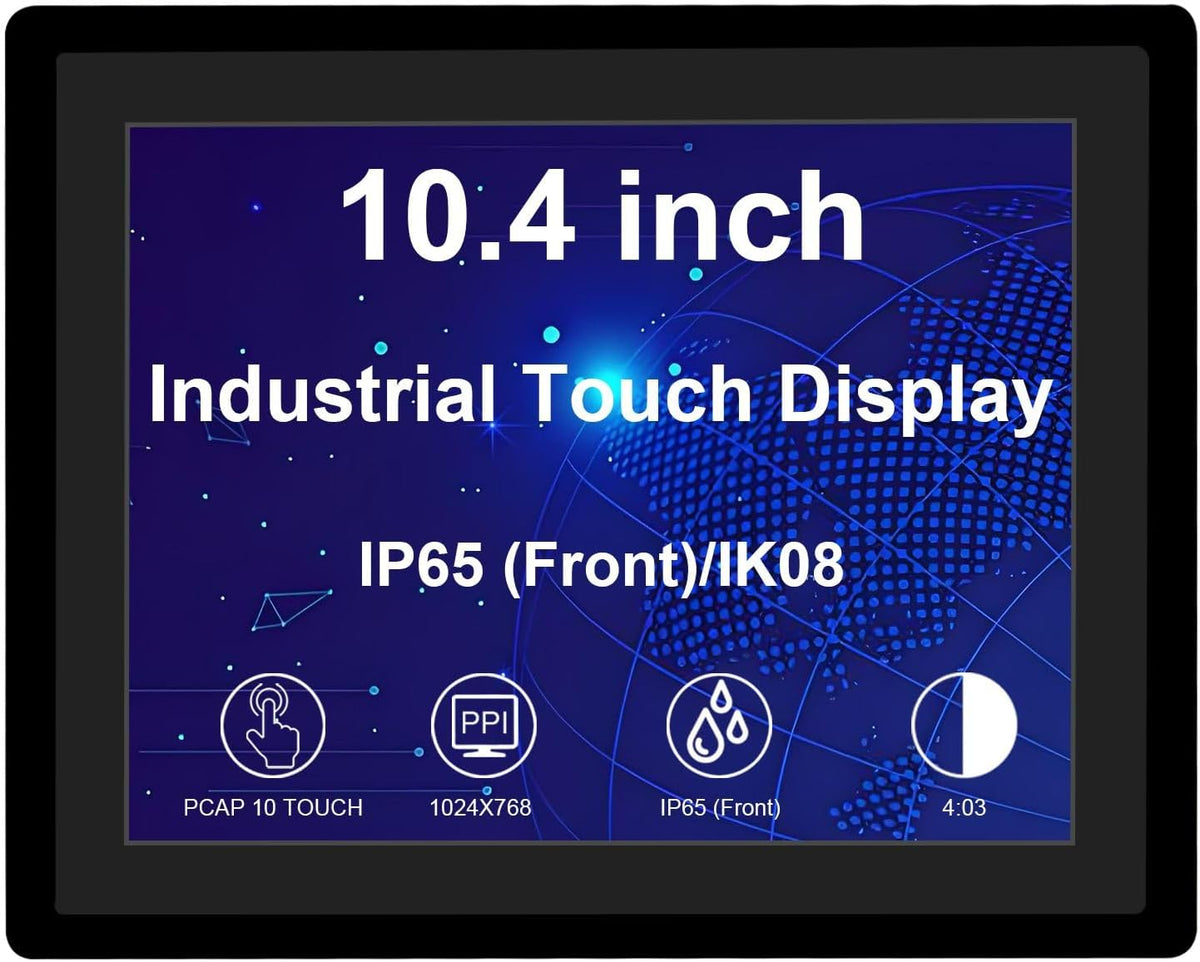 VSDISPLAY 10,4 inch industrieel touch-display, 1024 × 768, 300 nits, IP65 frontplaat, 10-punts touch, grote kijkhoek, aluminium behuizing