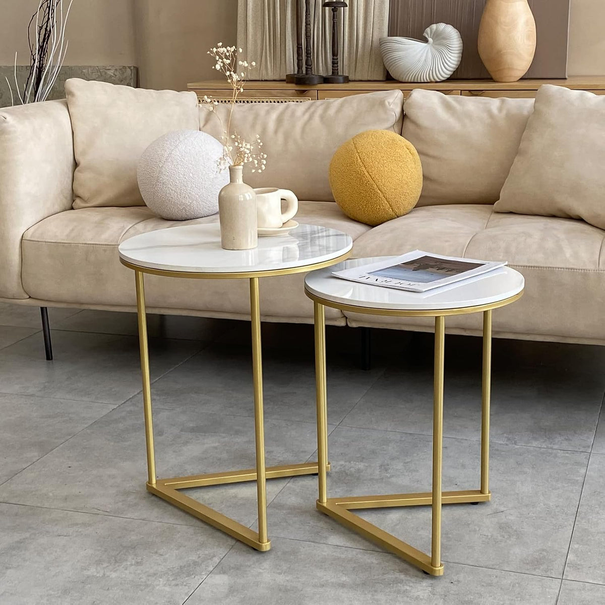 Marmeren Top Bijzettafel Goud: 2 Nesting Kleine Sofa End Tafels Ronde Nachtkastje Nest Sets Hoogglans Gesinterd Stenen Marmeren Tafelblad met Gouden Metalen Benen Geneste Accent Tafels voor Woonkamer